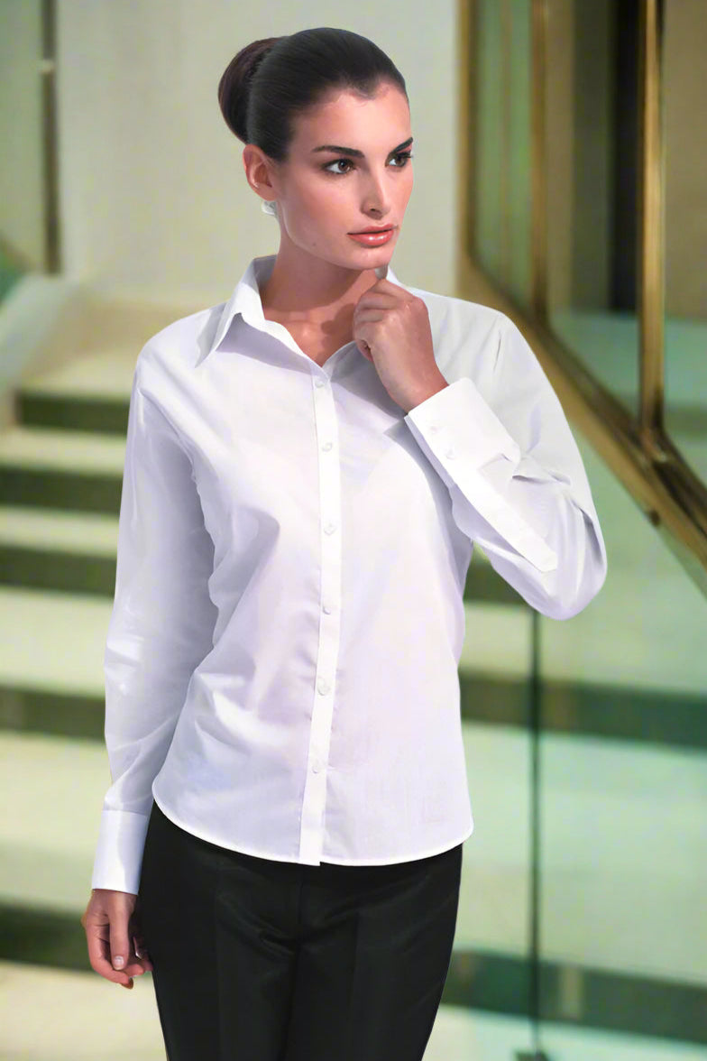 PR300: Ladies Long Sleeve Poplin Shirt Womens Long Sleeve Shirts Premier White 6