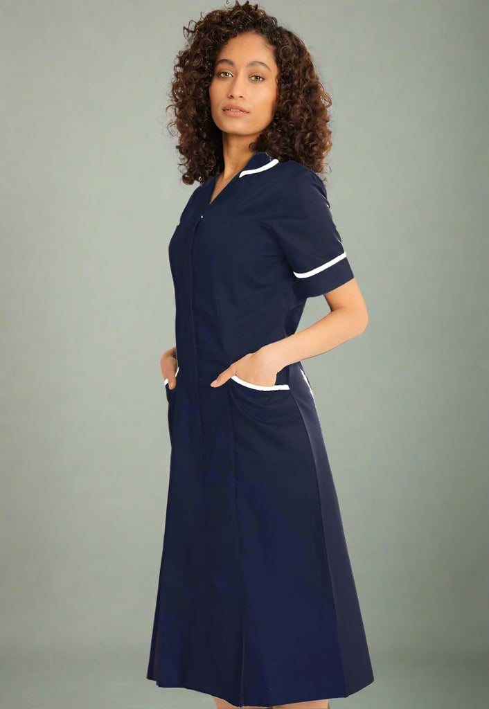 NCLD - Navy Healthcare Dress (White Trim) - The Staff Uniform Company