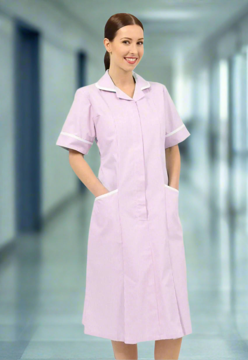 Pink/White Stripe Nurse Dress with White Trim Healthcare Dress Behrens