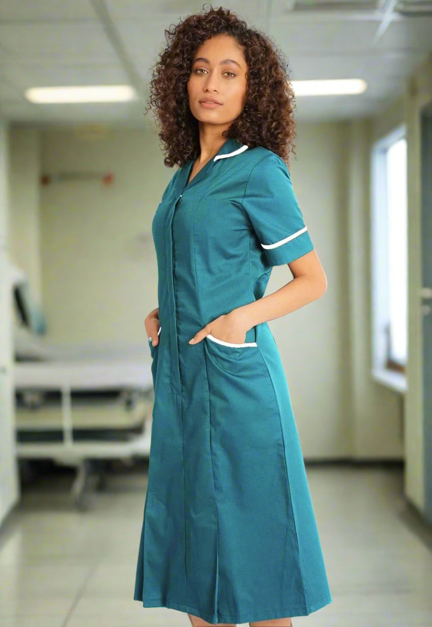 NCLD - Teal Nurse Dress (White Trim) Healthcare Dress Behrens