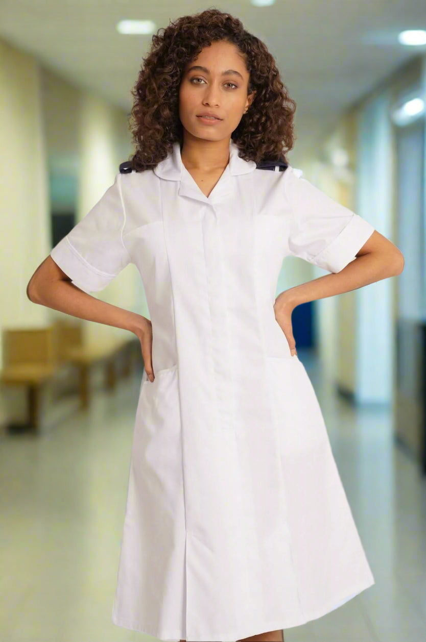 White Nurse Dress with Epaulette Loops Healthcare Dress Behrens