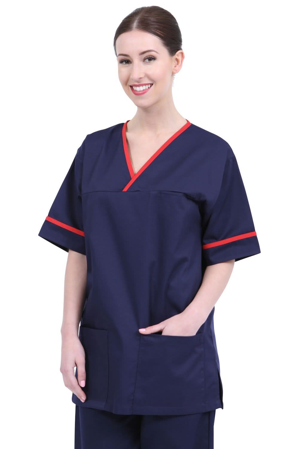 NSTT: Navy/Red Unisex Contrast Trim Smart Scrub Tunic Unisex Scrub Top Behrens