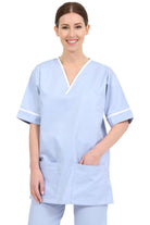 NSTT: Sky Blue/White Contrast Trim Smart Scrub Tunic Unisex Scrub Top Behrens