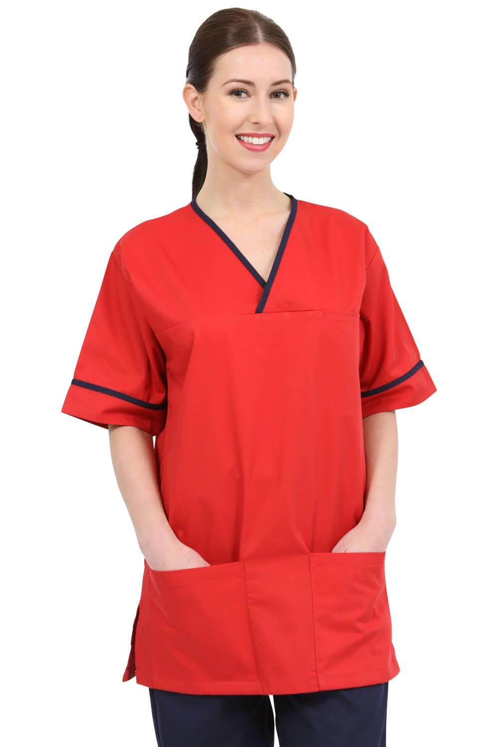 NSTT: Red/Navy Contrast Trim Smart Scrub Tunic Unisex Scrub Top Behrens