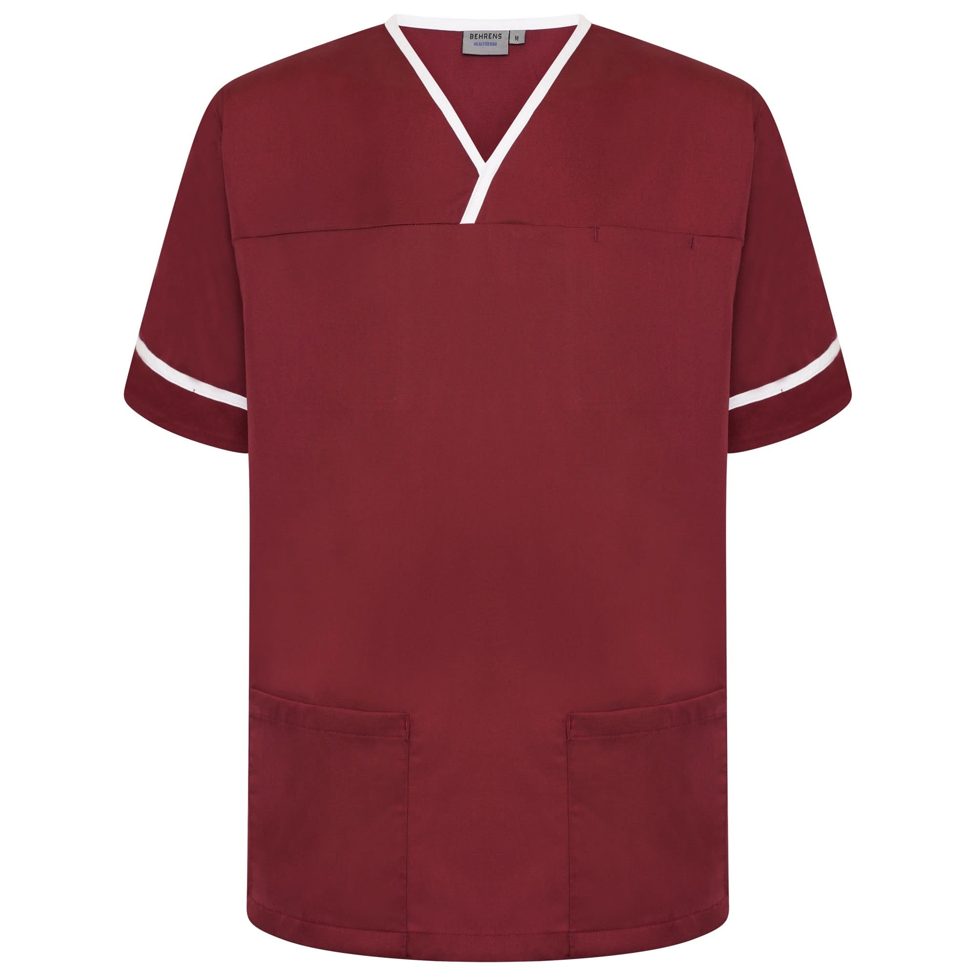 NSTT: Maroon/White Contrast Trim Smart Scrub Tunic Unisex Scrub Top Behrens XS