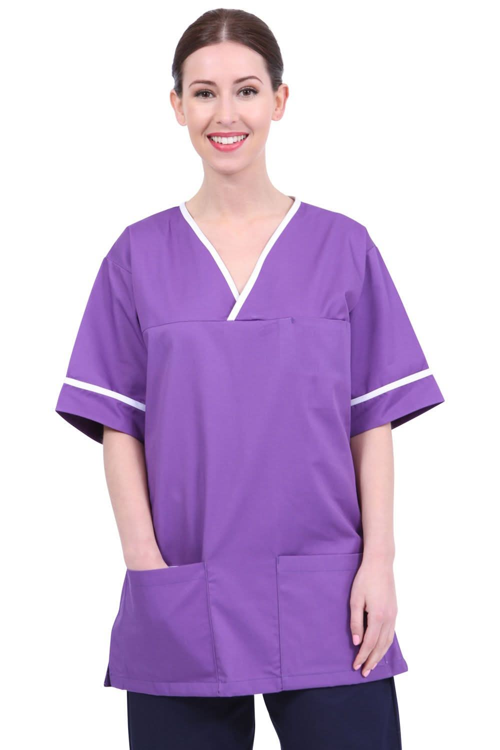 NSTT: Purple/White Contrast Trim Smart Scrub Tunic Unisex Scrub Top Behrens