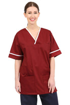 NSTT: Maroon/White Contrast Trim Smart Scrub Tunic Unisex Scrub Top Behrens