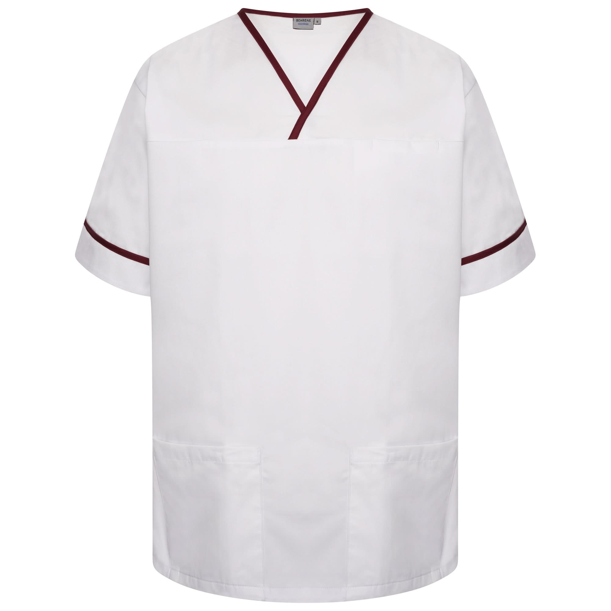 NSTT: White/Maroon Contrast Trim Smart Scrub Tunic Unisex Scrub Top Behrens XS