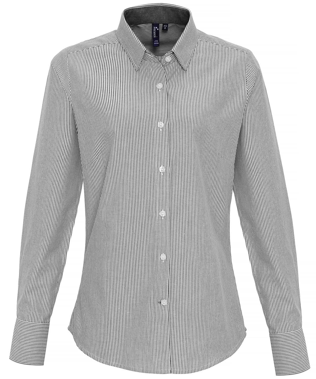 PR338: Ladies Oxford Stripe Shirt Womens Long Sleeve Shirts Premier White/Grey XS