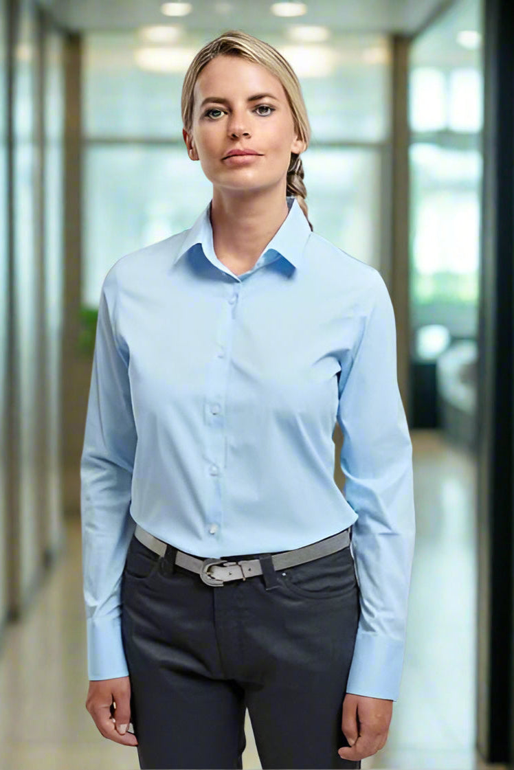 PR344 - Womens Stretch Fit Long Sleeve Cotton Poplin Shirt - The Staff Uniform Company