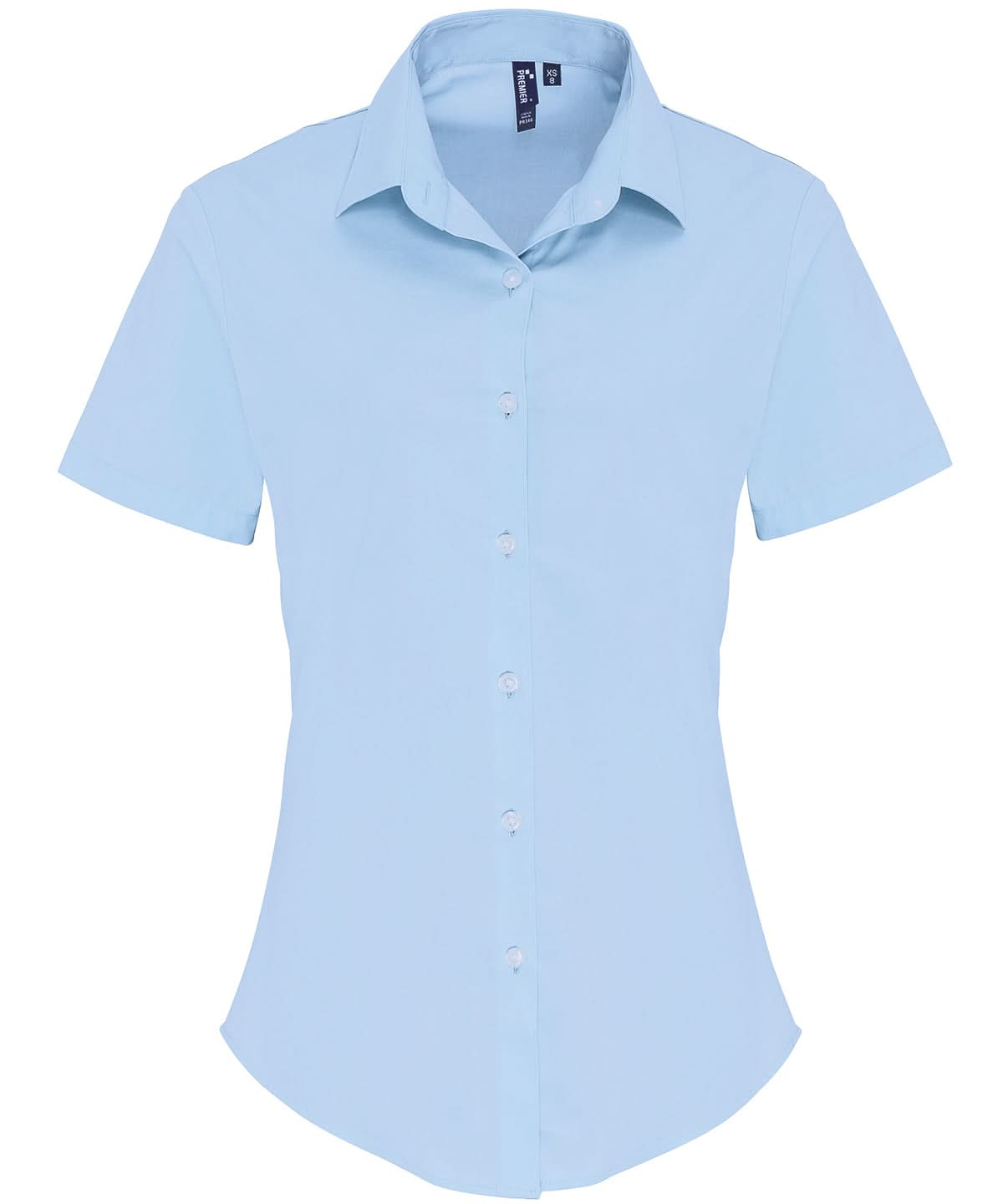 PR346: Ladies Stretch Fit Cotton Poplin Shirt Womens Short Sleeve Shirts Premier Pale Blue XS