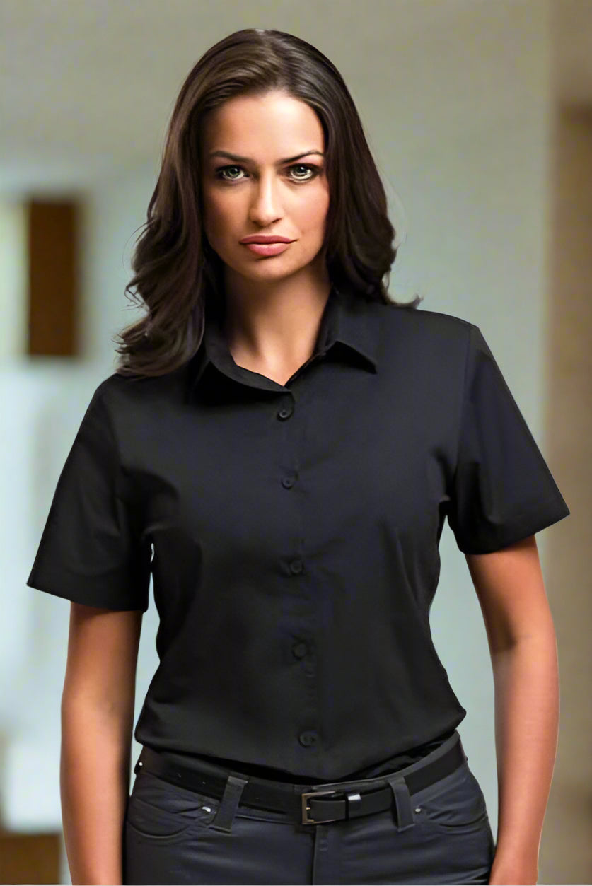 PR346: Ladies Stretch Fit Cotton Poplin Shirt Womens Short Sleeve Shirts Premier Black XS