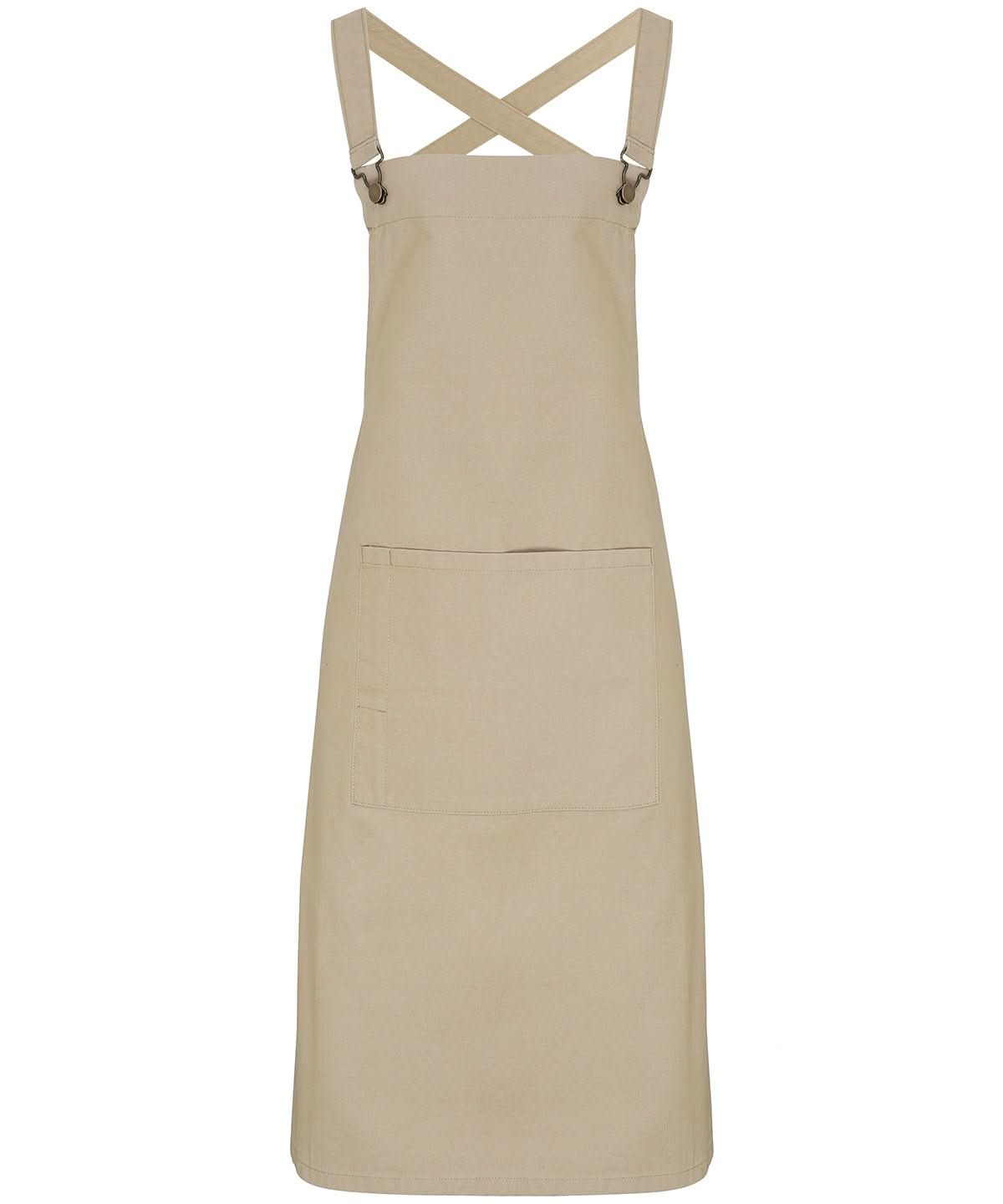 PR129: Cross Back Barista Bib Apron Aprons Premier Khaki Regular